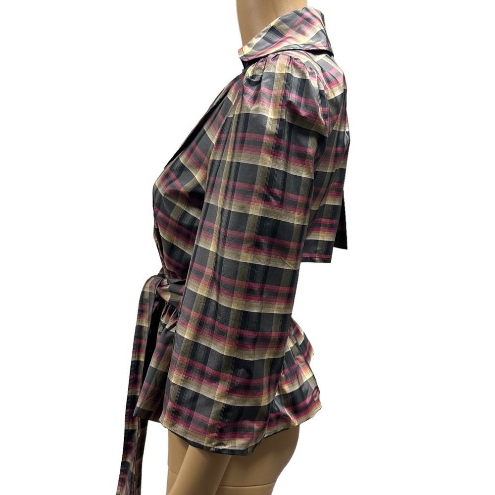 Eci New York Silk Retro Plaid Double Breasted 3 Quarter Sleeve Tie Belt Size 2 - Picture 4 of 12